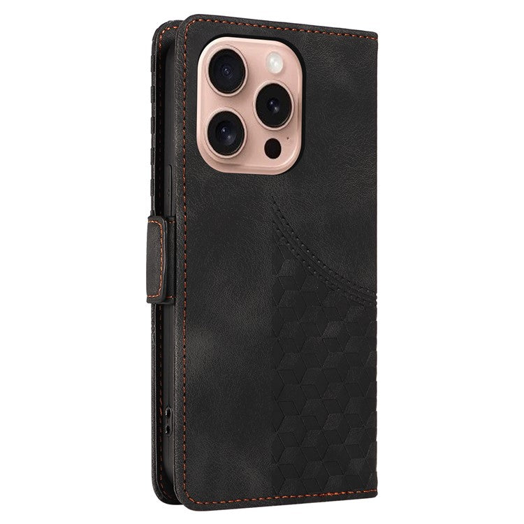 For iPhone 16 Pro Case Rhombus Starry Leather Wallet Flip Phone Cover - Black