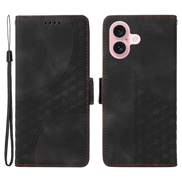 For iPhone 16 Case Rhombus Starry Wallet Stand Leather Phone Cover - Black