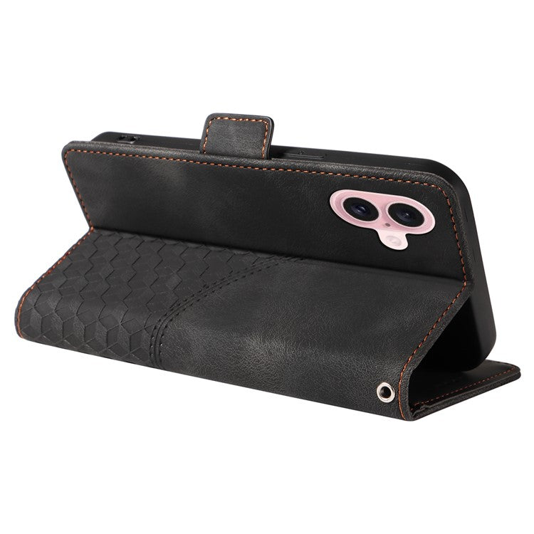 For iPhone 16 Case Rhombus Starry Wallet Stand Leather Phone Cover - Black