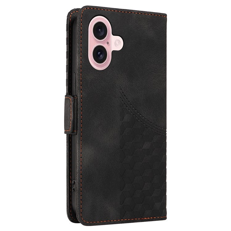 For iPhone 16 Case Rhombus Starry Wallet Stand Leather Phone Cover - Black