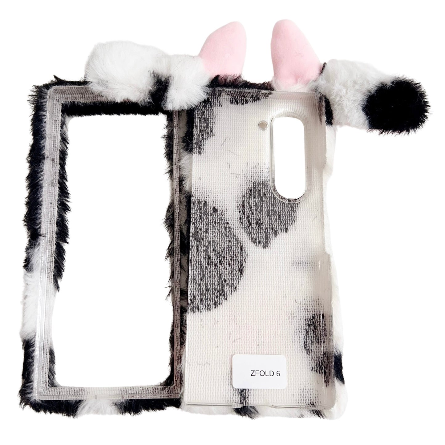 Folding Phone Case for Samsung Galaxy Z Fold6 5G Fluffy Cows Ear Acrylic Cover - Black