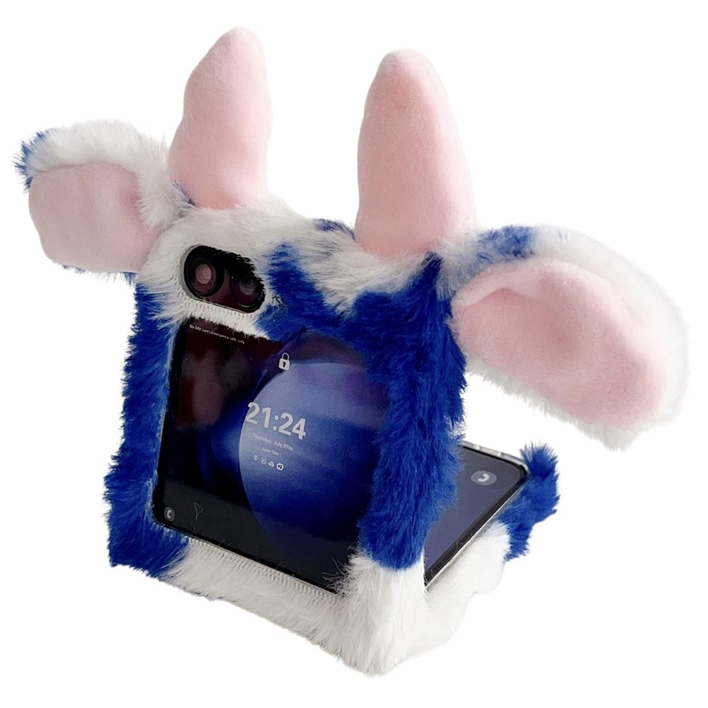Acrylic Folding Phone Case for Samsung Galaxy Z Flip7 FE 5G / Z Flip6 5G Fluffy Cows Ear Cover - Blue
