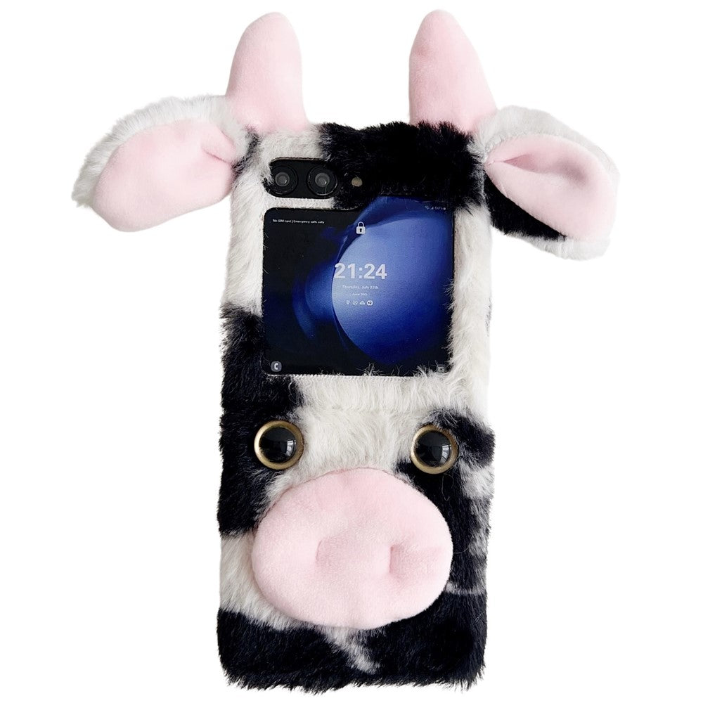 Acrylic Folding Phone Case for Samsung Galaxy Z Flip7 FE 5G / Z Flip6 5G Fluffy Cows Ear Cover - Black