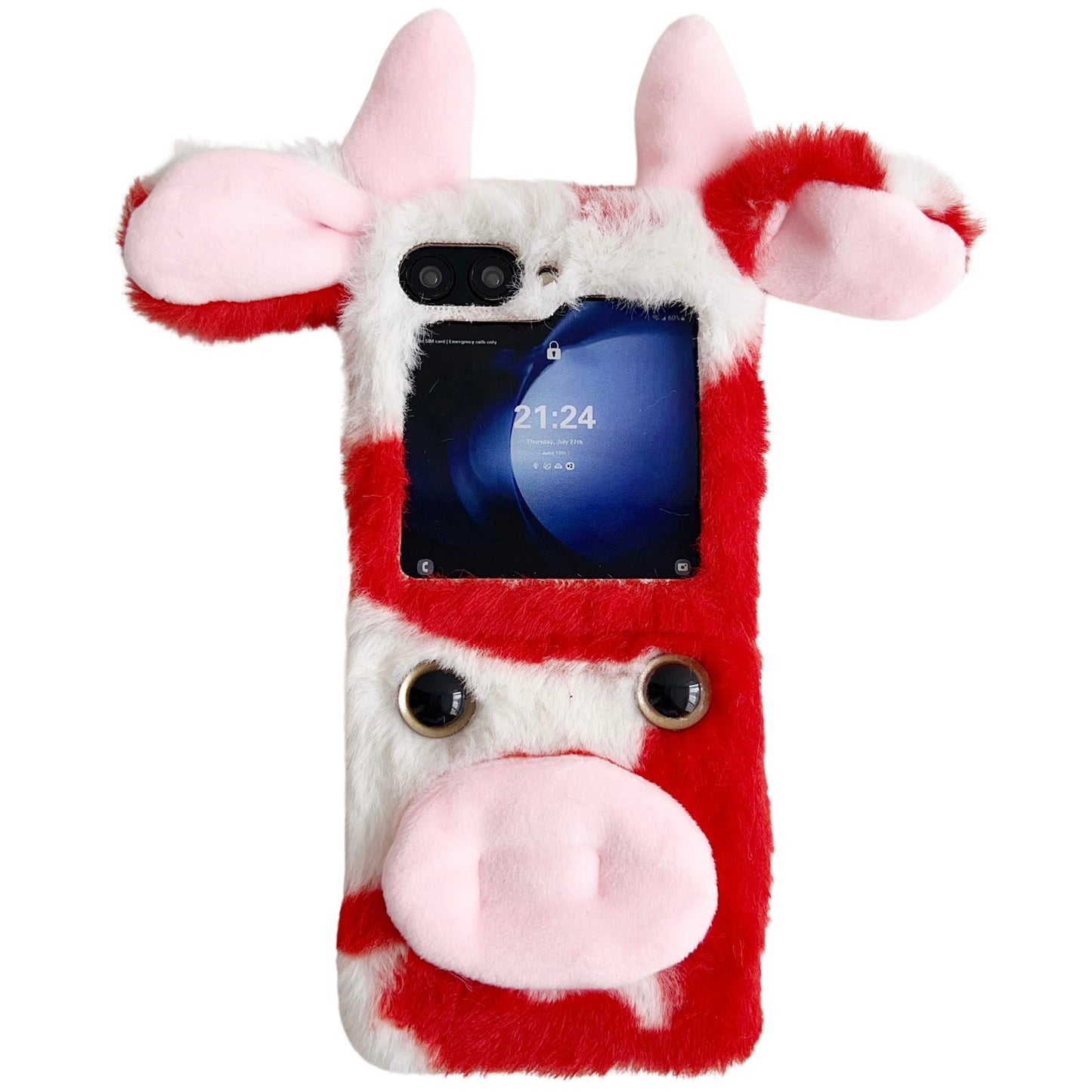 Acrylic Folding Phone Case for Samsung Galaxy Z Flip6 5G Fluffy Cows Ear Cover - Red