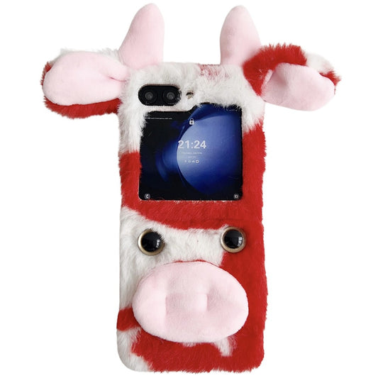 Acrylic Folding Phone Case for Samsung Galaxy Z Flip7 FE 5G / Z Flip6 5G Fluffy Cows Ear Cover - Red