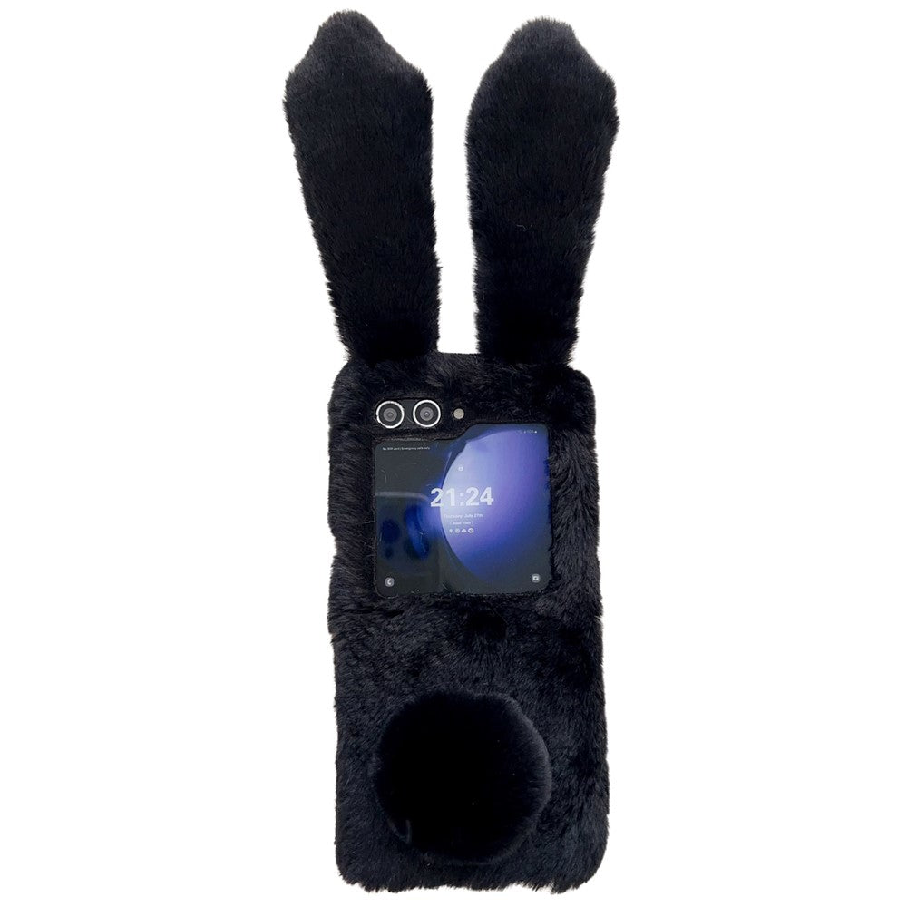 Folding Phone Case for Samsung Galaxy Z Flip7 FE 5G / Z Flip6 5G Fluffy Rabbit Ears Acrylic Cover - Black