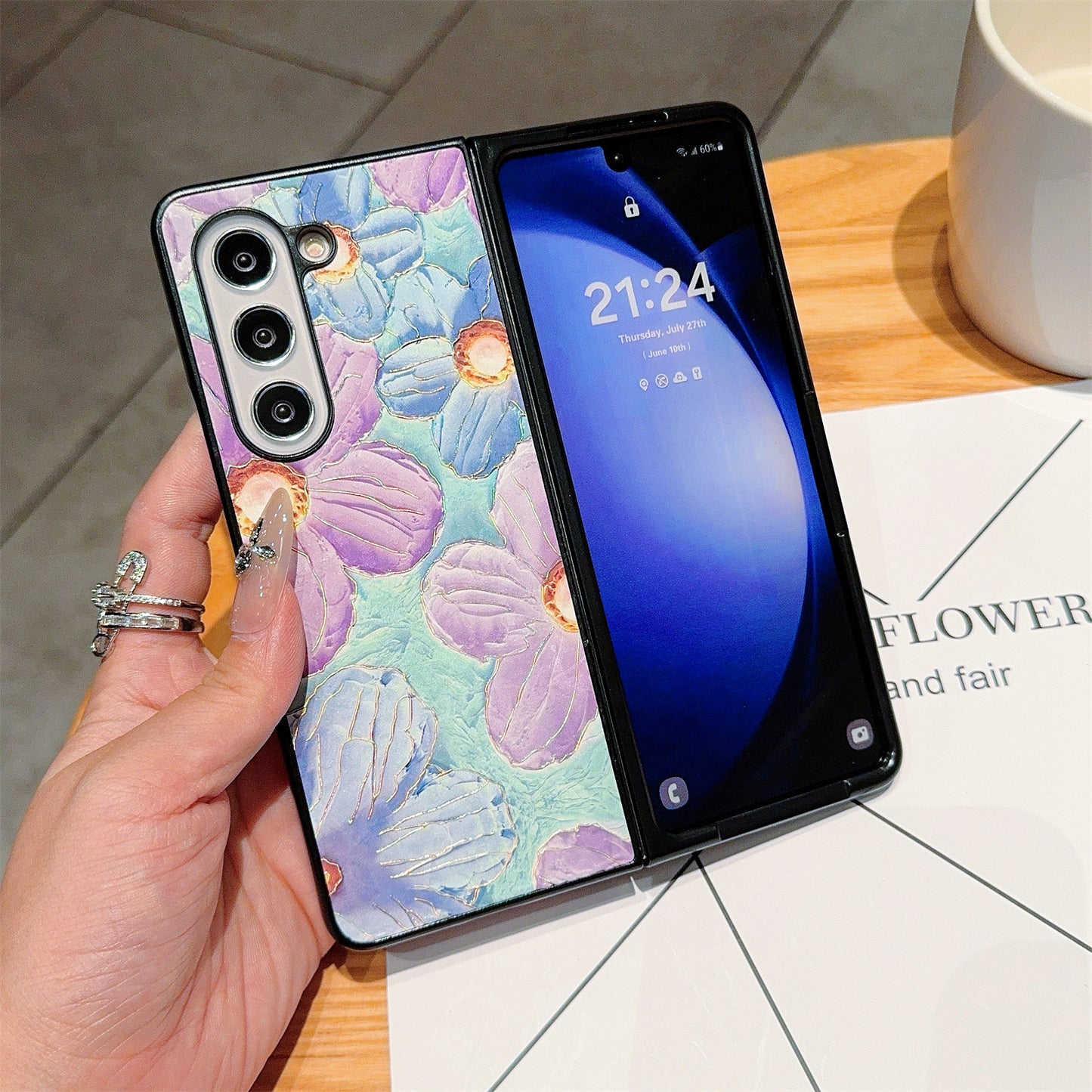 For Samsung Galaxy Z Fold6 5G Case Lacquered Pattern PU Leather PC Phone Cover - Blue Purple Flowers