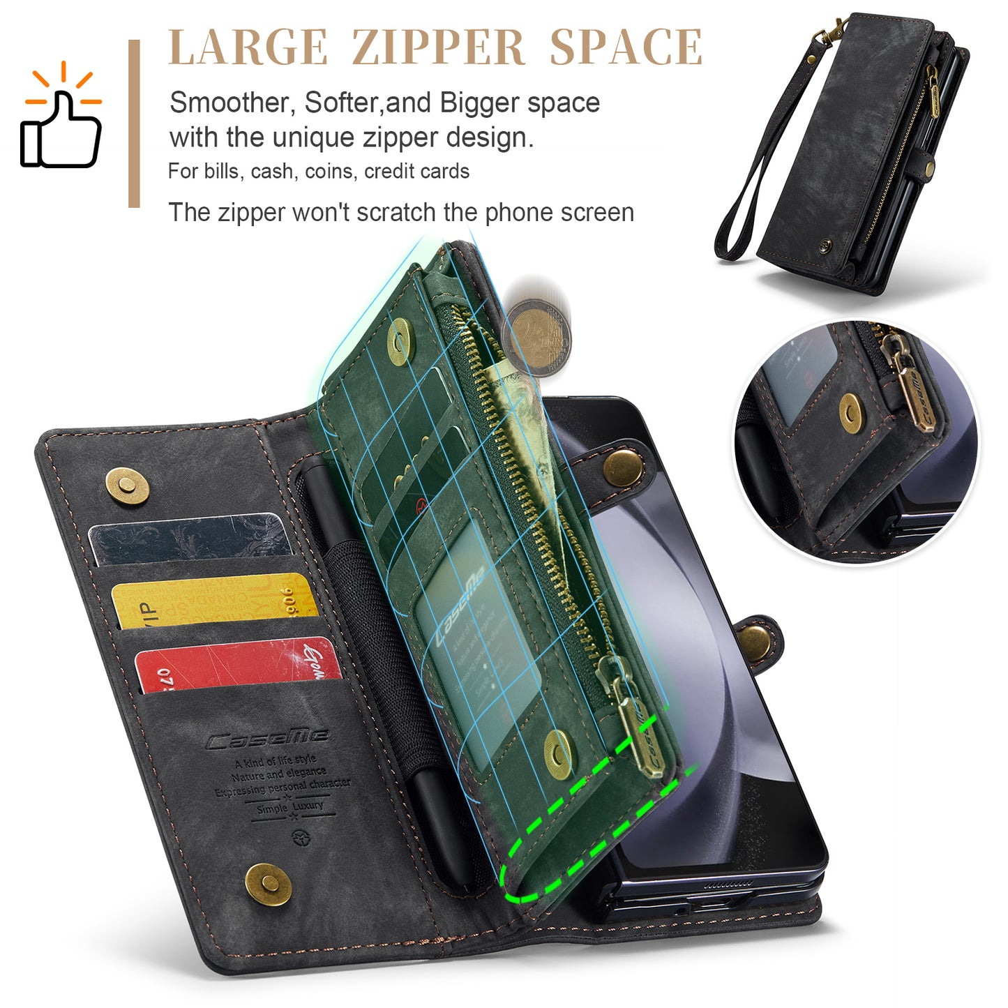 CASEME 008 Series for Samsung Galaxy Z Fold6 5G Case Leather Phone Cover Zipper Pocket - Black