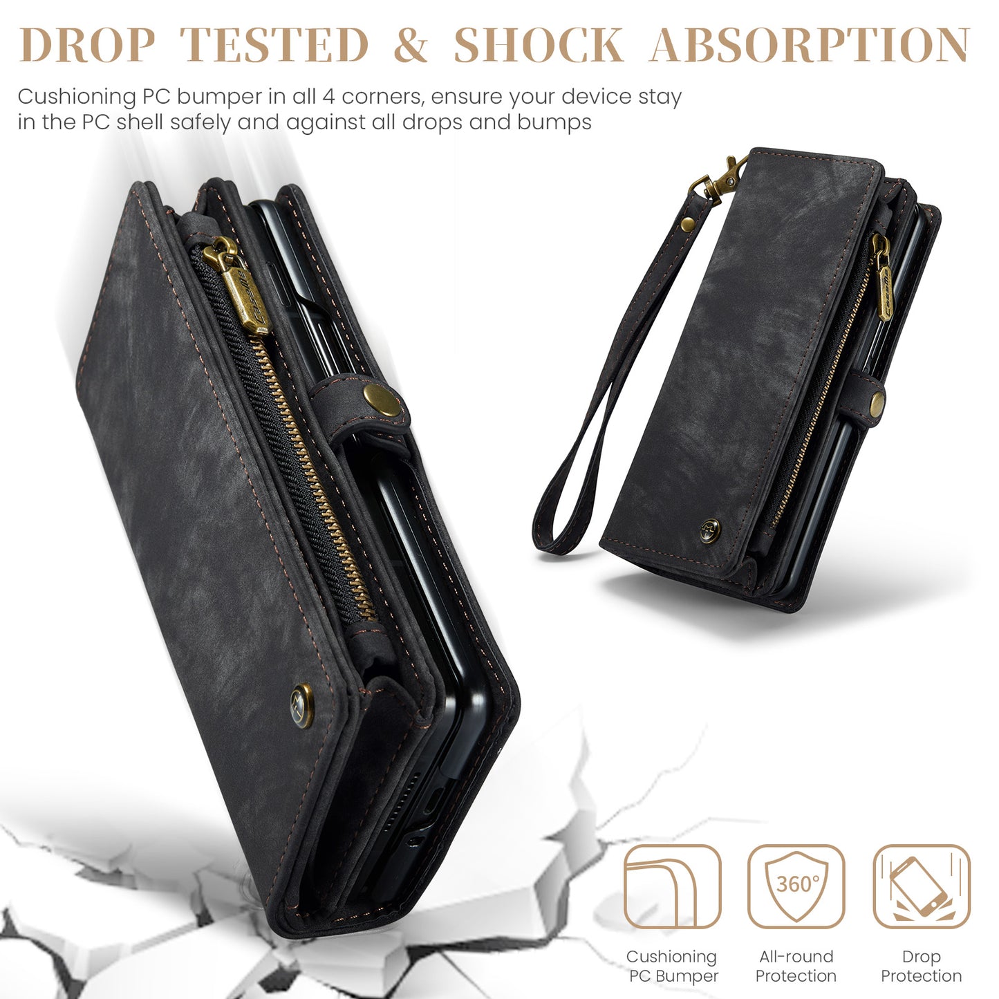 CASEME 008 Series for Samsung Galaxy Z Fold6 5G Case Leather Phone Cover Zipper Pocket - Black