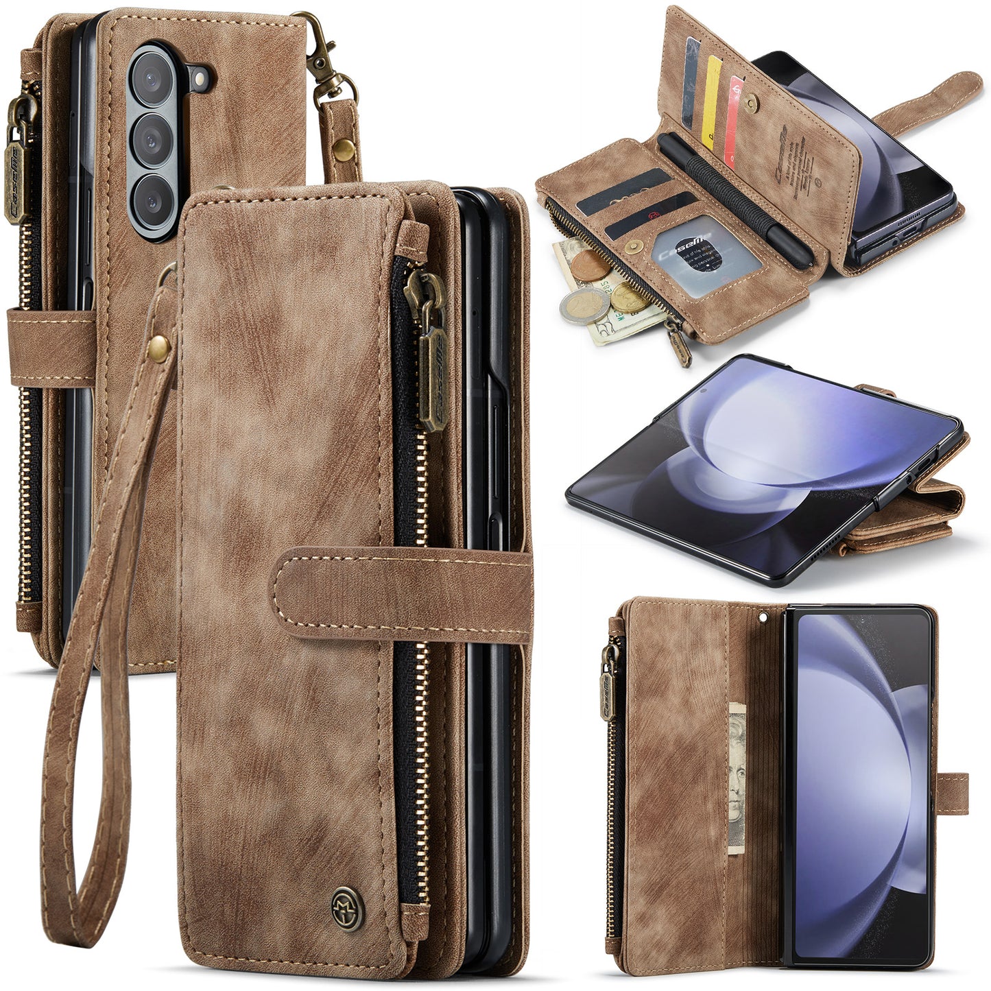 CASEME C30 Series for Samsung Galaxy Z Fold6 5G Leather Phone Case with 5 Card Slots - Brown