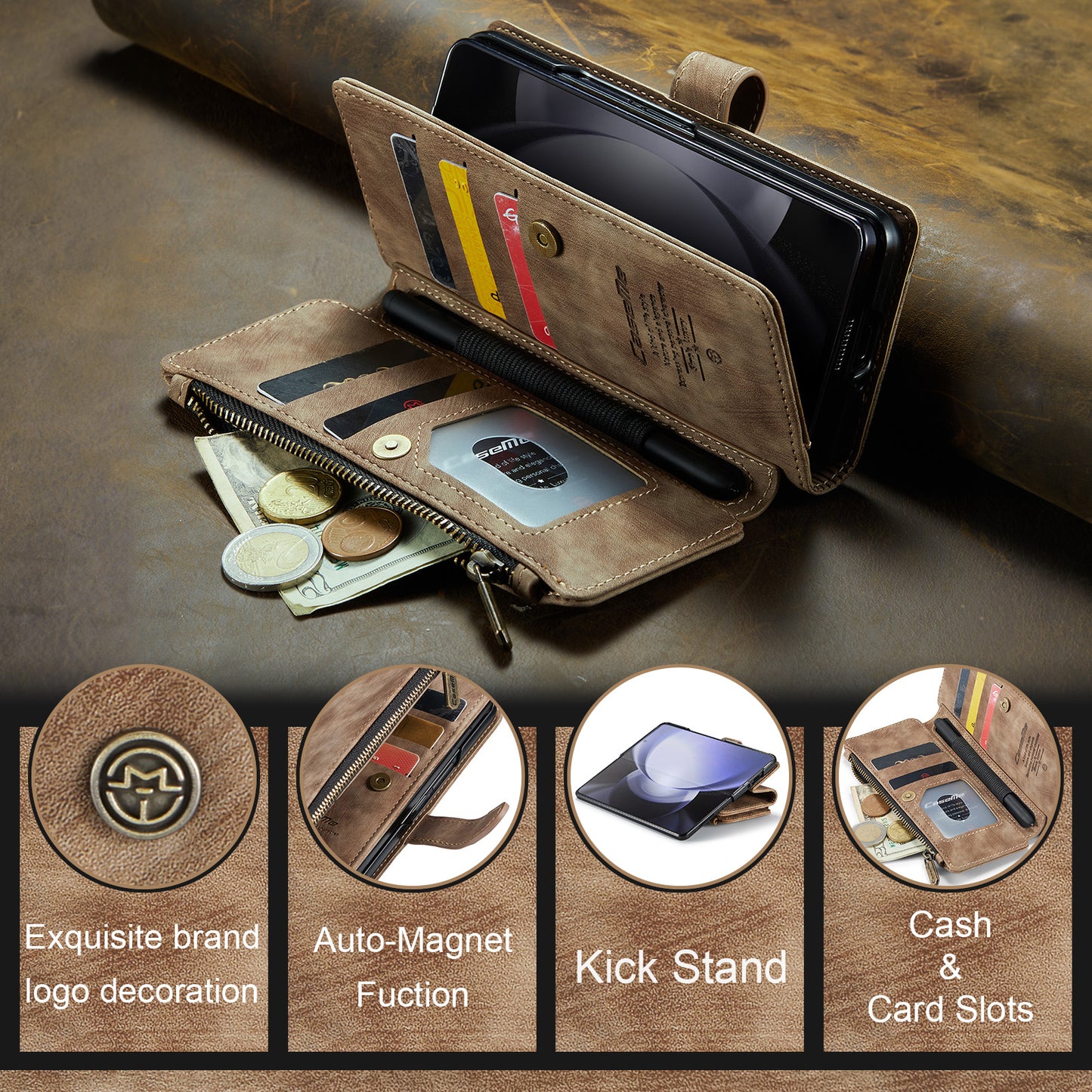 CASEME C30 Series for Samsung Galaxy Z Fold6 5G Leather Phone Case with 5 Card Slots - Brown