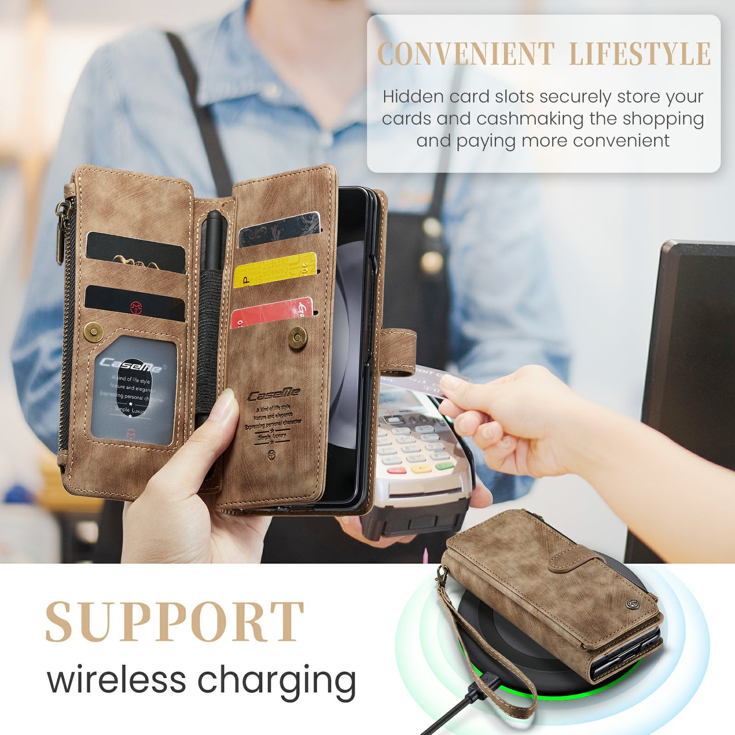 CASEME C30 Series for Samsung Galaxy Z Fold6 5G Leather Phone Case with 5 Card Slots - Brown