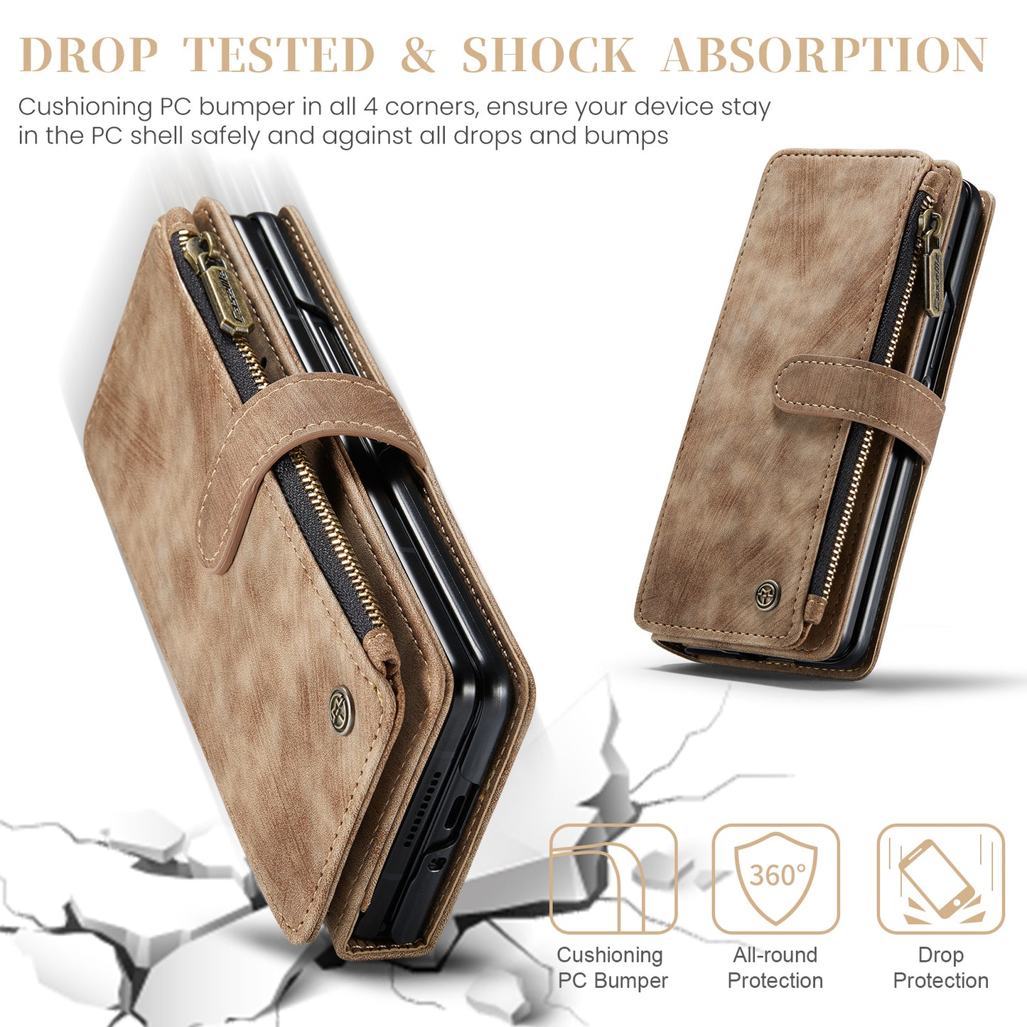 CASEME C30 Series for Samsung Galaxy Z Fold6 5G Leather Phone Case with 5 Card Slots - Brown