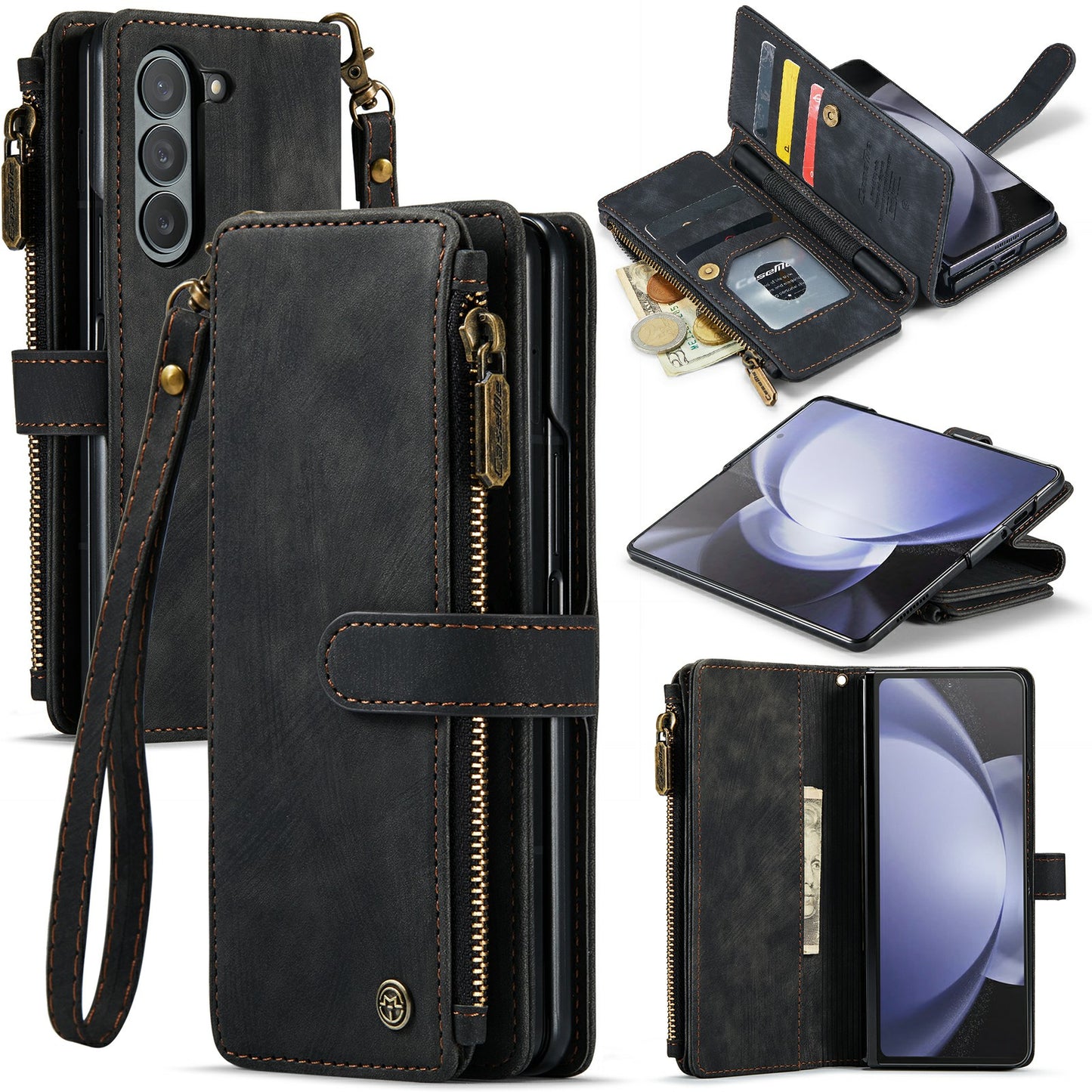CASEME C30 Series for Samsung Galaxy Z Fold6 5G Leather Phone Case with 5 Card Slots - Black
