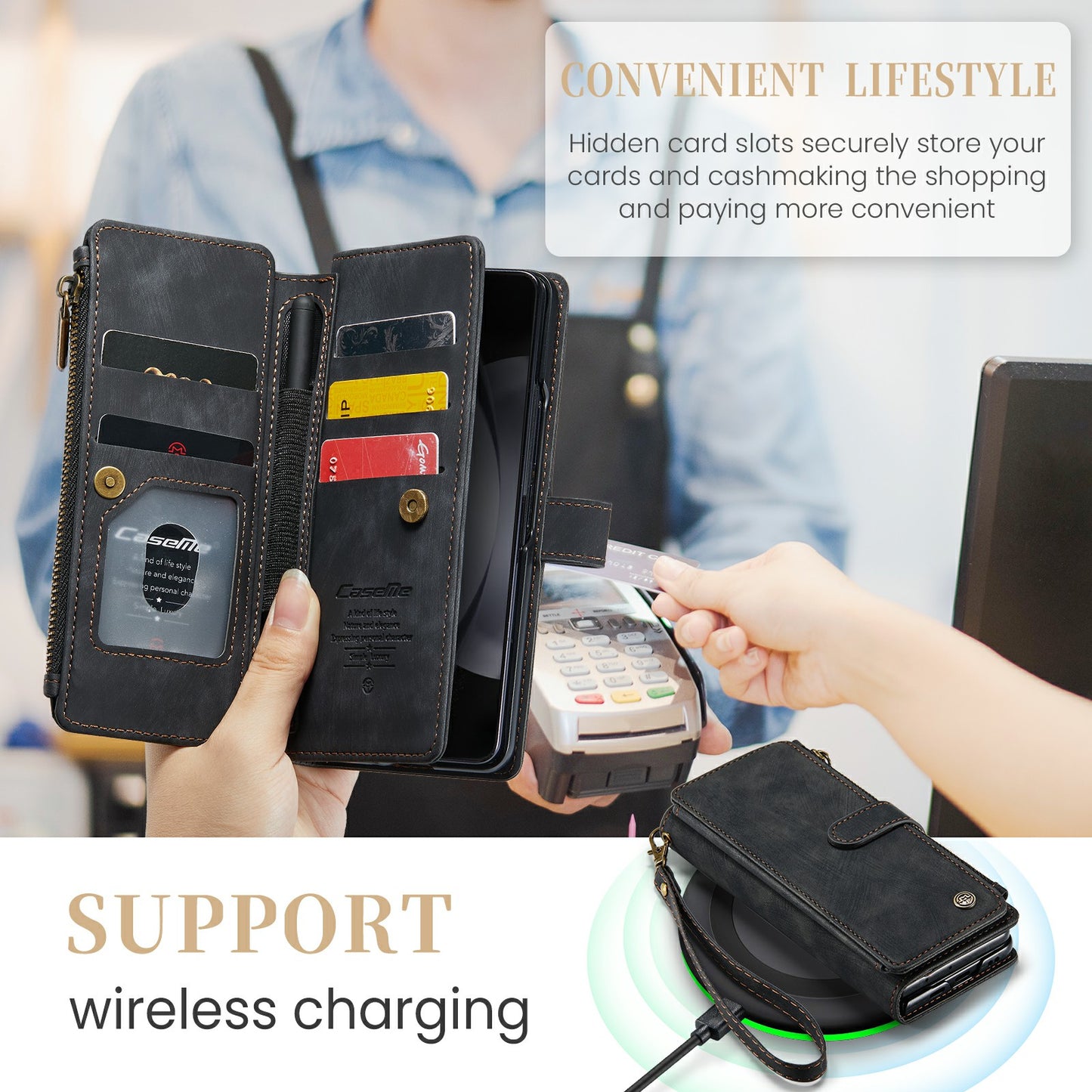 CASEME C30 Series for Samsung Galaxy Z Fold6 5G Leather Phone Case with 5 Card Slots - Black