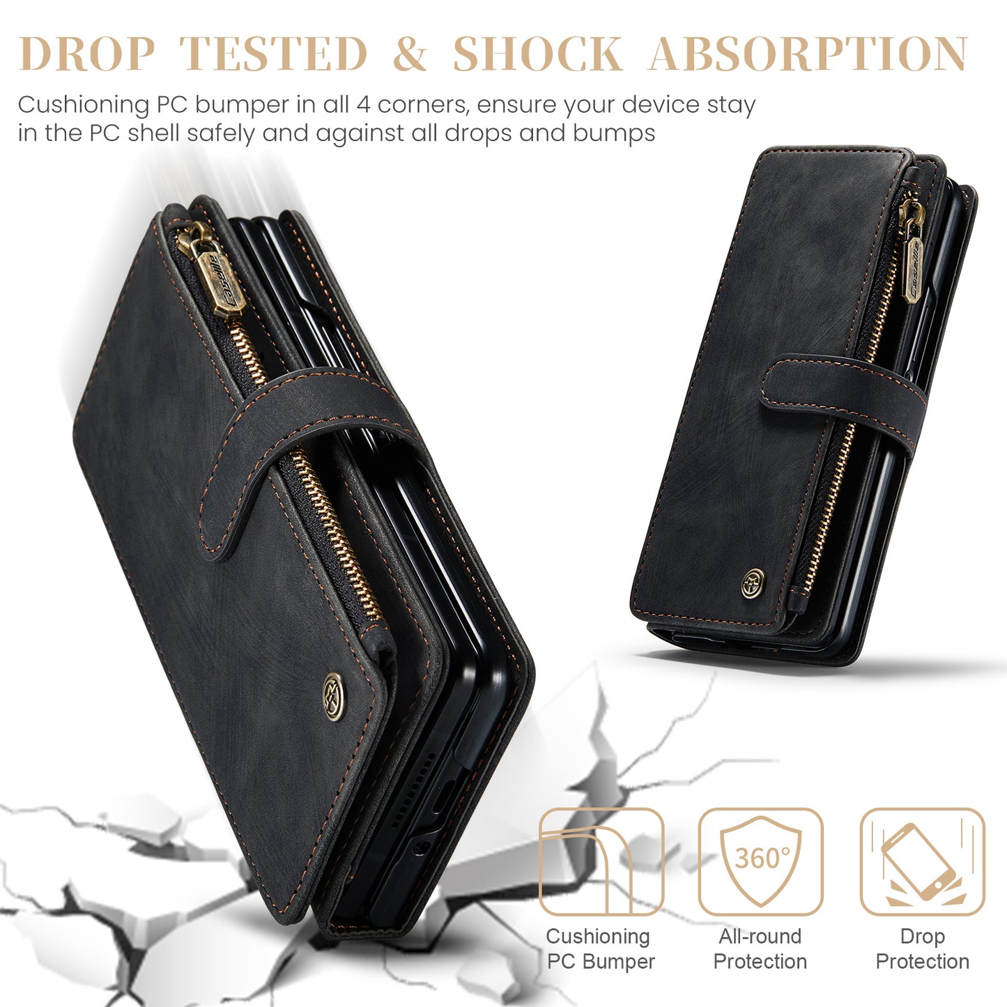 CASEME C30 Series for Samsung Galaxy Z Fold6 5G Leather Phone Case with 5 Card Slots - Black