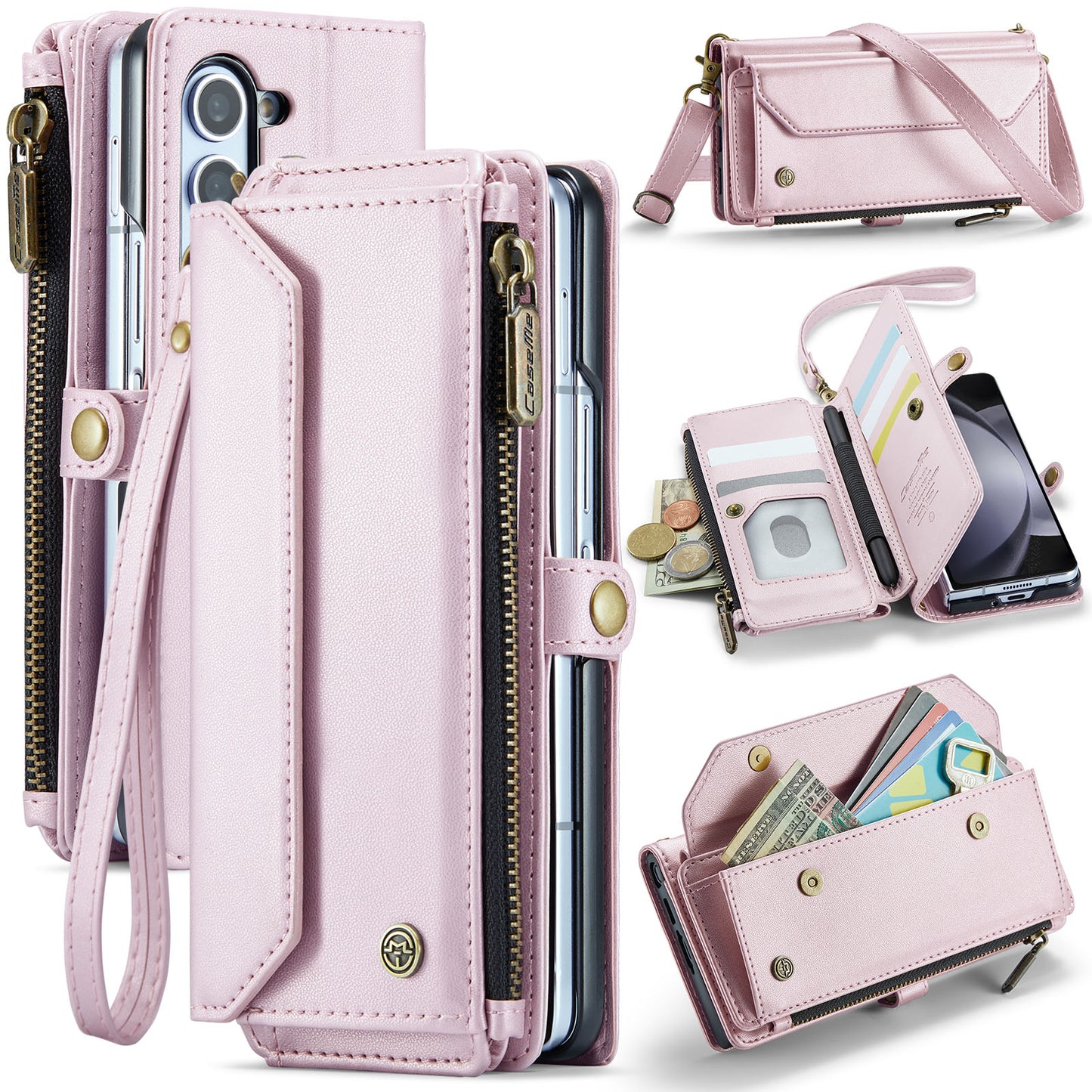CASEME C36 Series For Samsung Galaxy Z Fold6 5G Leather Case with 5 Card Slots / Shoulder Strap - Rose Gold