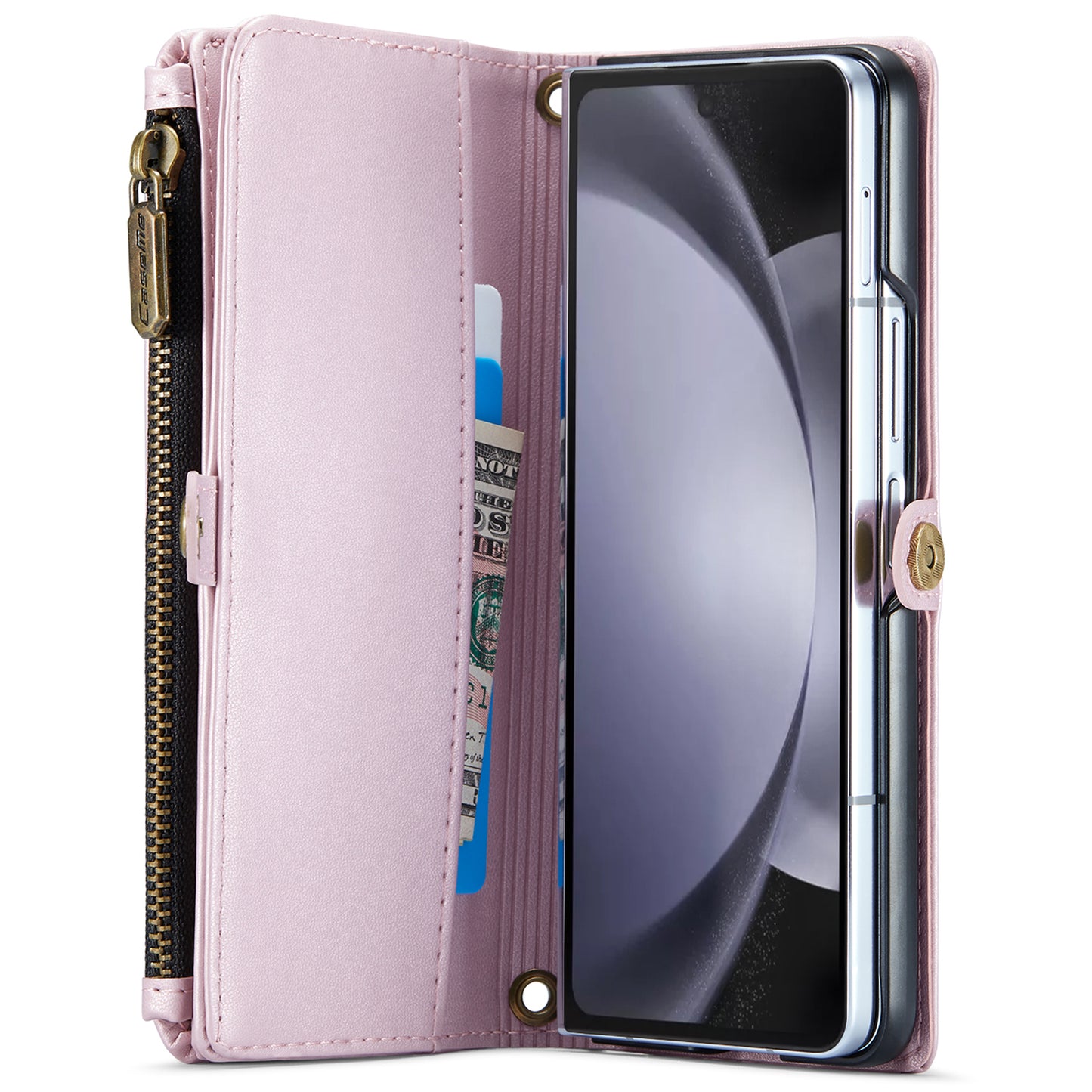 CASEME C36 Series For Samsung Galaxy Z Fold6 5G Leather Case with 5 Card Slots / Shoulder Strap - Rose Gold