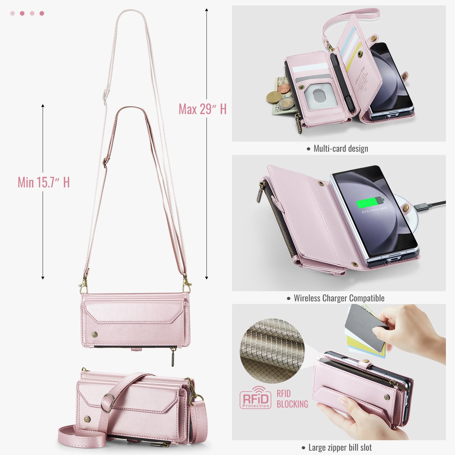 CASEME C36 Series For Samsung Galaxy Z Fold6 5G Leather Case with 5 Card Slots / Shoulder Strap - Rose Gold
