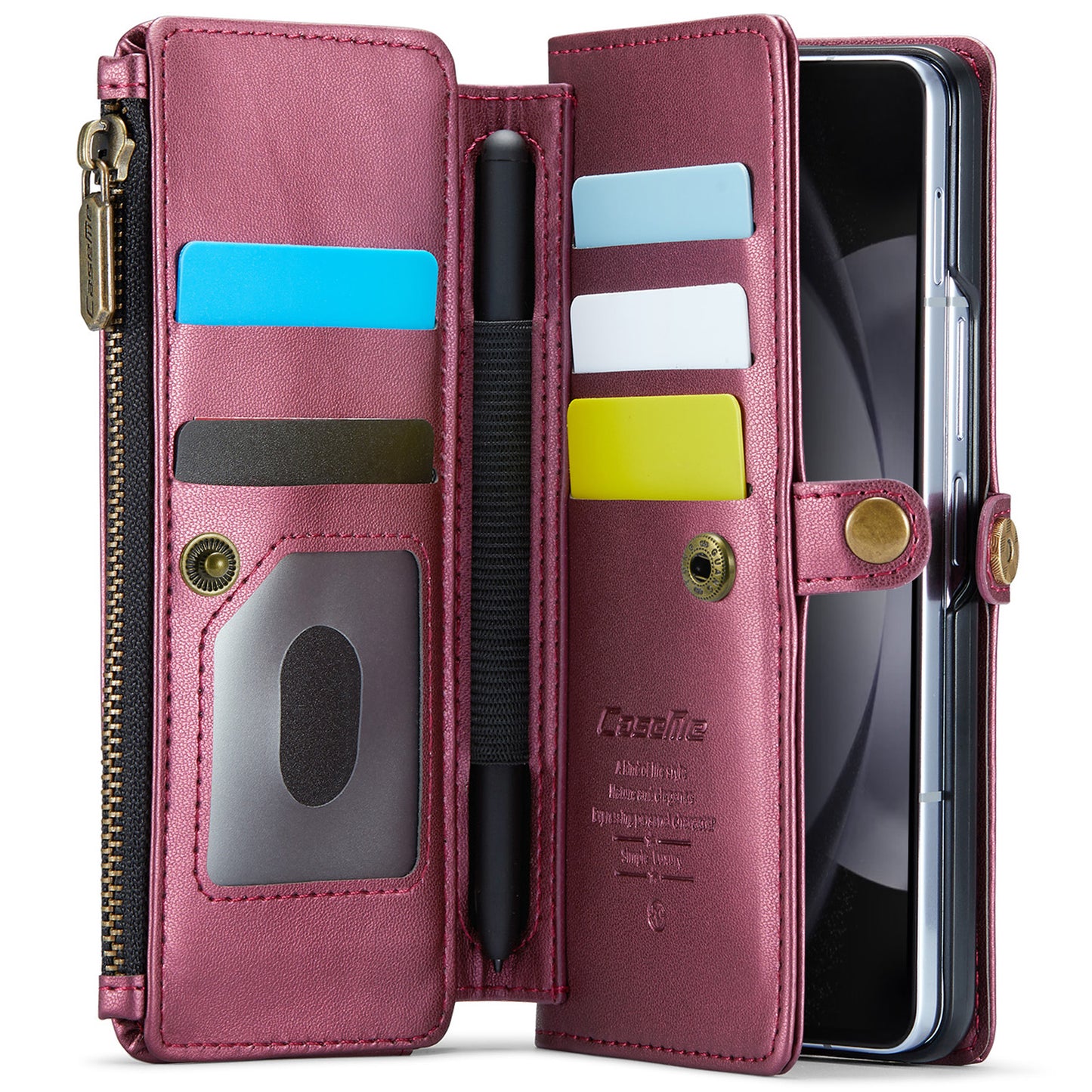 CASEME C36 Series For Samsung Galaxy Z Fold6 5G Leather Case with 5 Card Slots / Shoulder Strap - Wine Red