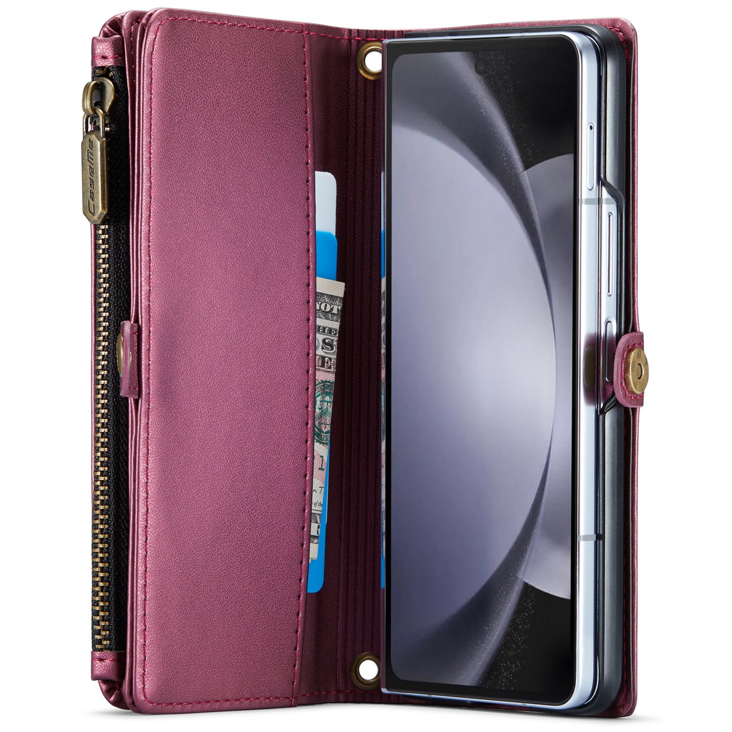 CASEME C36 Series For Samsung Galaxy Z Fold6 5G Leather Case with 5 Card Slots / Shoulder Strap - Wine Red
