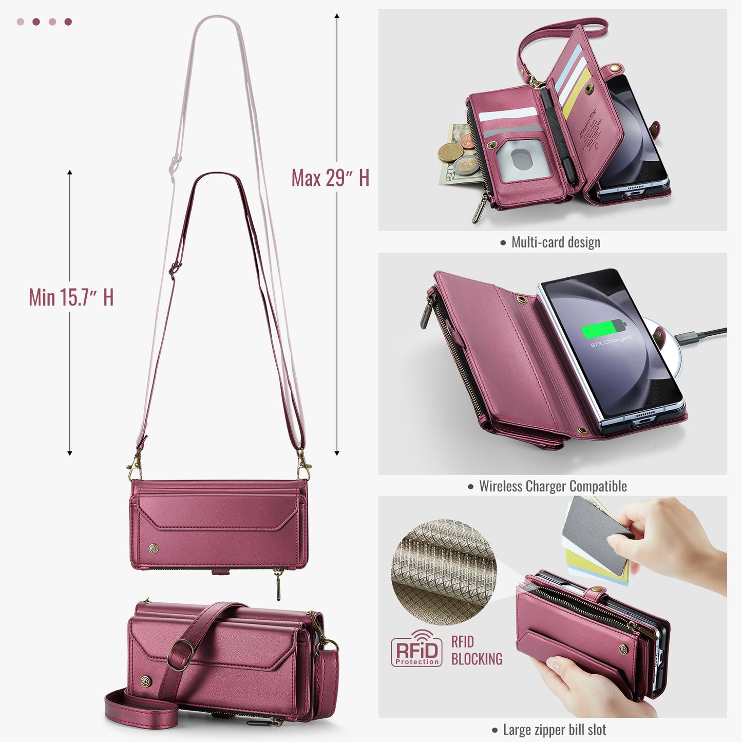 CASEME C36 Series For Samsung Galaxy Z Fold6 5G Leather Case with 5 Card Slots / Shoulder Strap - Wine Red
