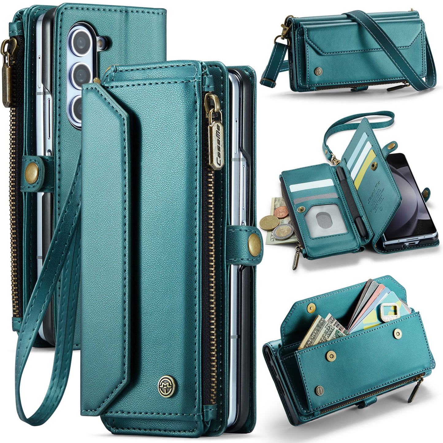 CASEME C36 Series For Samsung Galaxy Z Fold6 5G Leather Case with 5 Card Slots / Shoulder Strap - Green