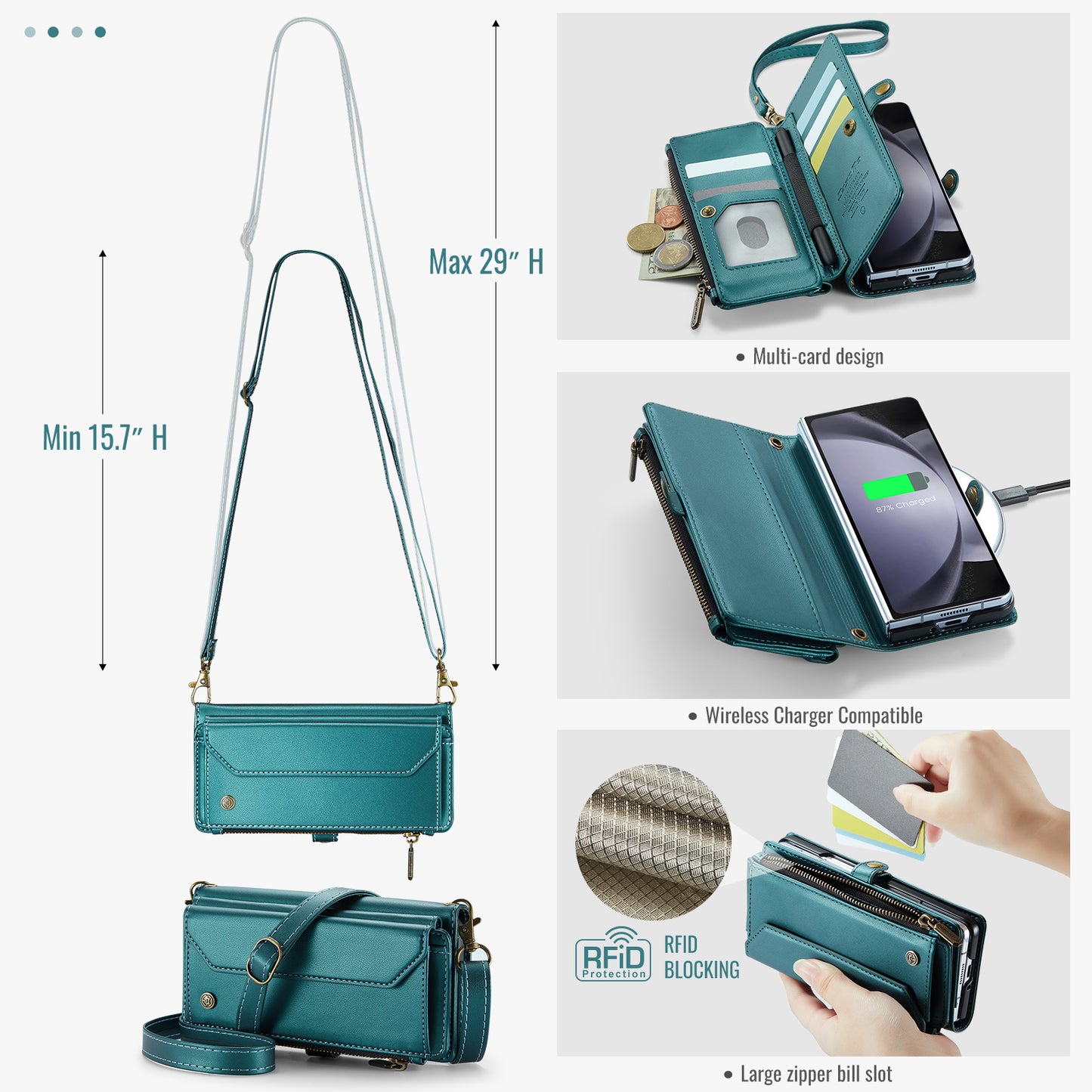 CASEME C36 Series For Samsung Galaxy Z Fold6 5G Leather Case with 5 Card Slots / Shoulder Strap - Green