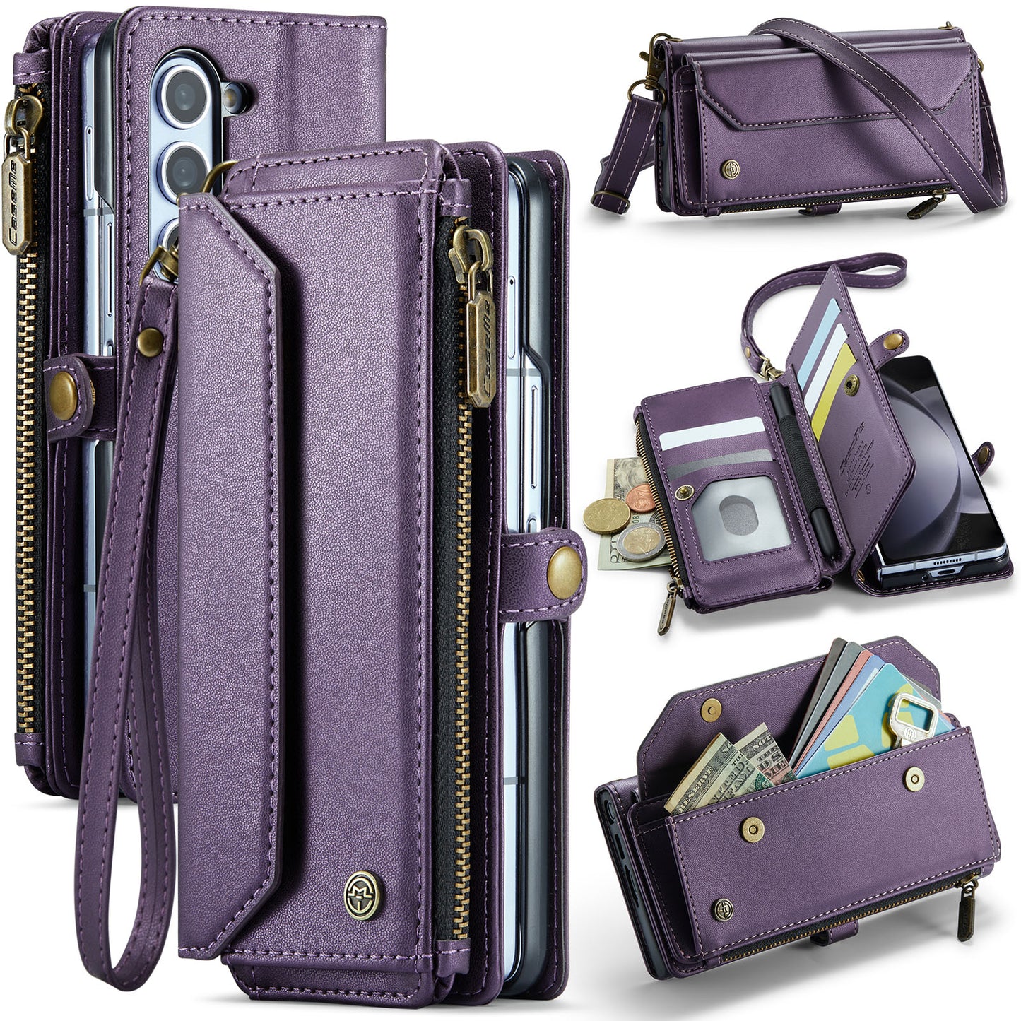 CASEME C36 Series For Samsung Galaxy Z Fold6 5G Leather Case with 5 Card Slots / Shoulder Strap - Purple