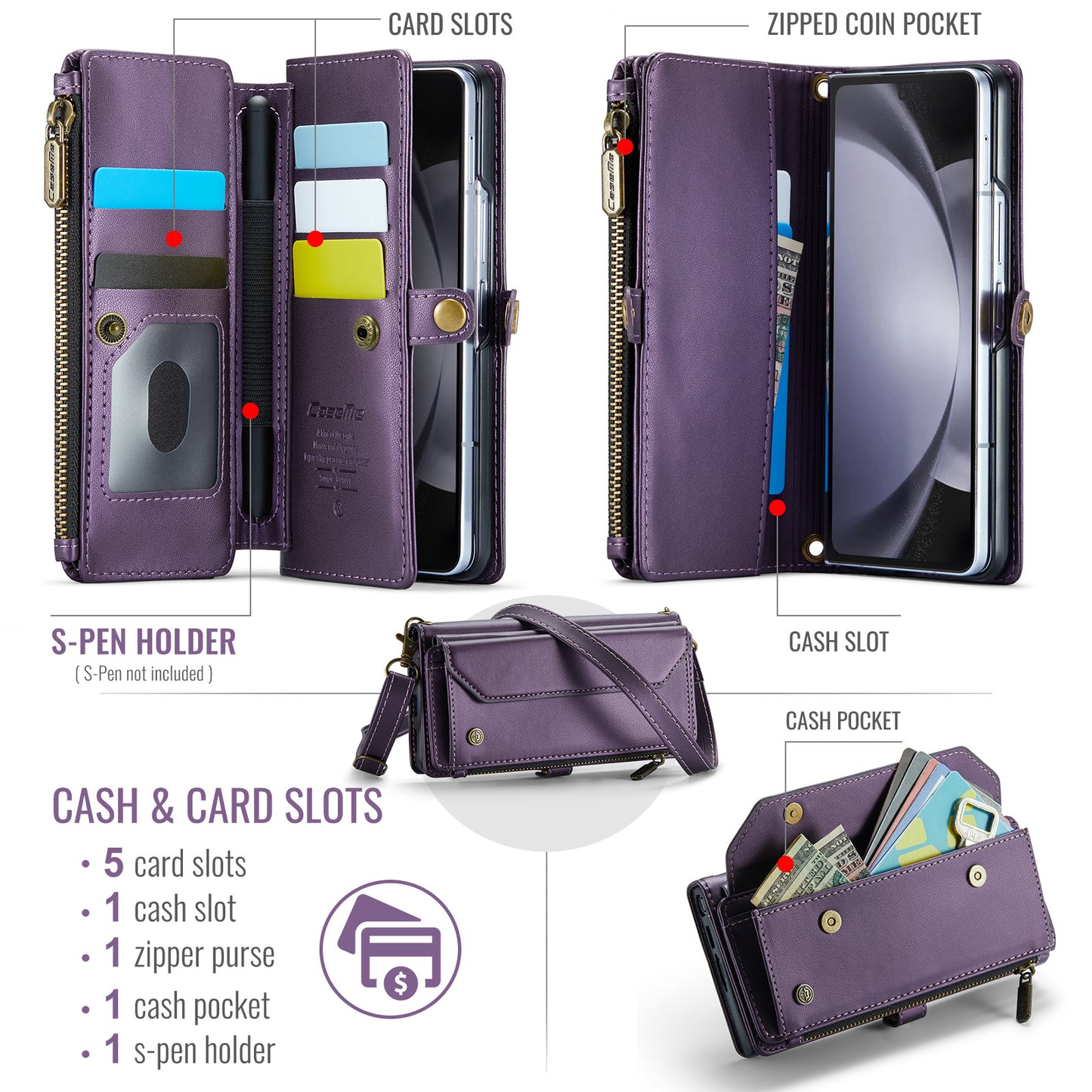 CASEME C36 Series For Samsung Galaxy Z Fold6 5G Leather Case with 5 Card Slots / Shoulder Strap - Purple