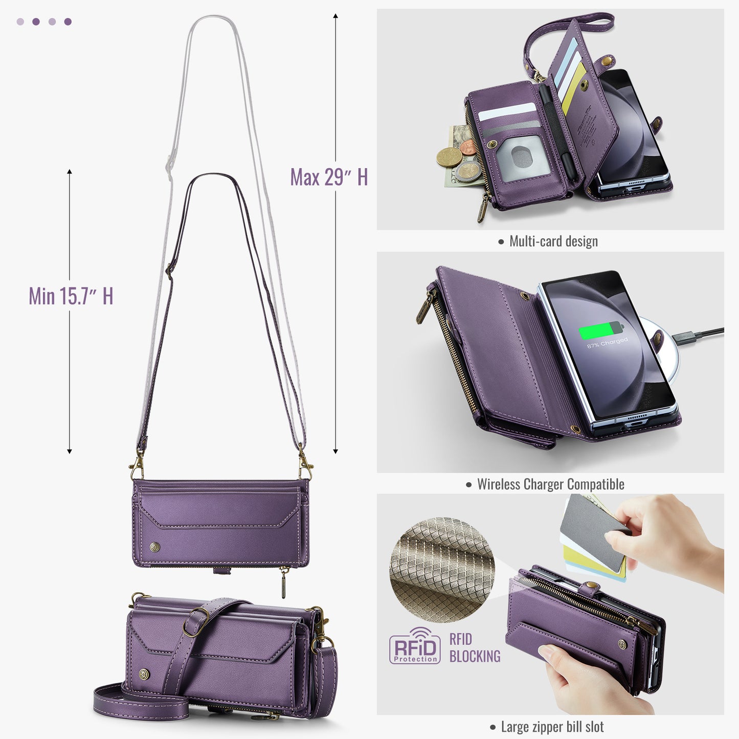 CASEME C36 Series For Samsung Galaxy Z Fold6 5G Leather Case with 5 Card Slots / Shoulder Strap - Purple
