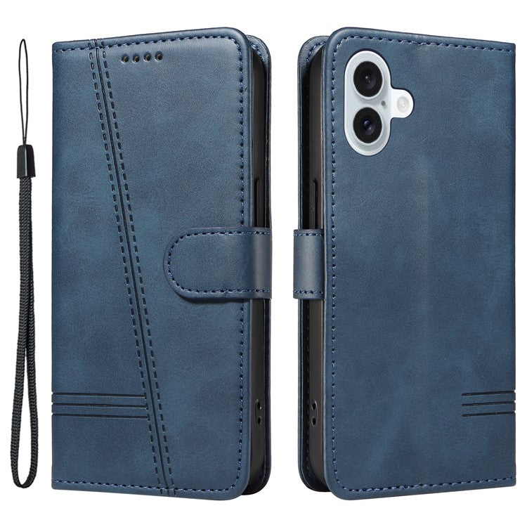 For iPhone 16 Case Wallet PU Leather Folio Flip Phone Cover T-Shaped Lines - Blue