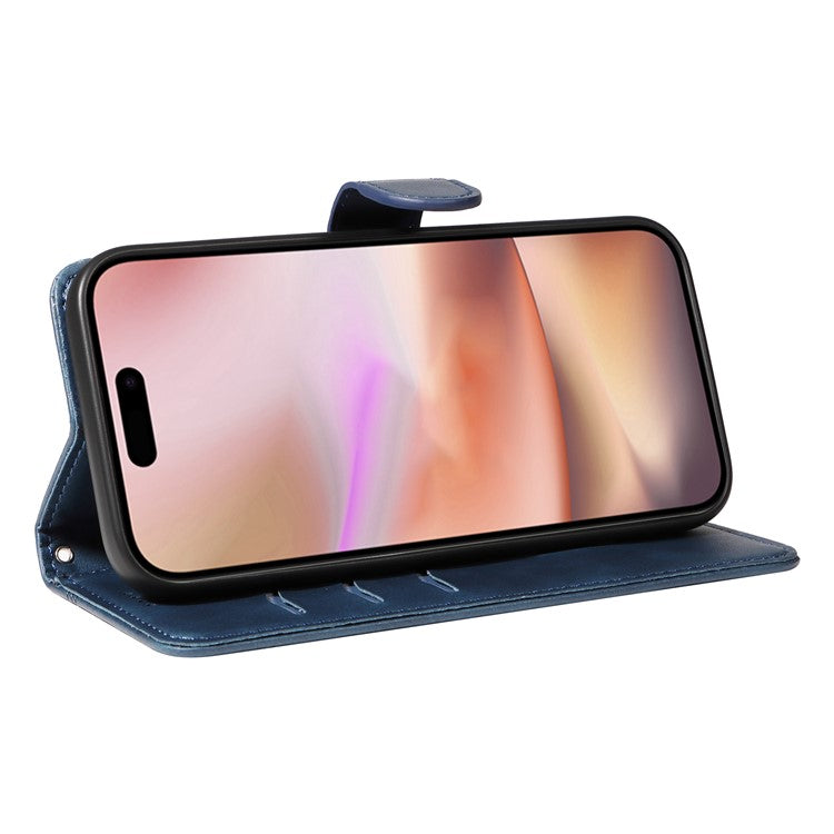 For iPhone 16 Case Wallet PU Leather Folio Flip Phone Cover T-Shaped Lines - Blue