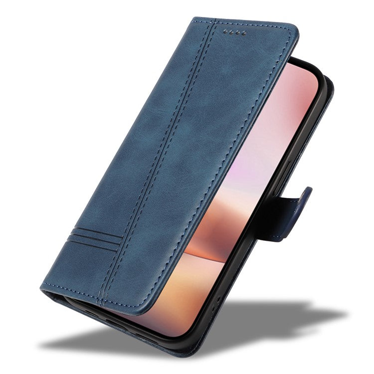 For iPhone 16 Case Wallet PU Leather Folio Flip Phone Cover T-Shaped Lines - Blue