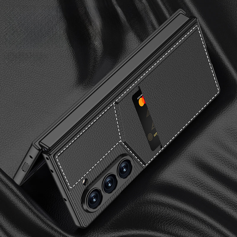 GKK For Samsung Galaxy Z Fold6 5G Phone Case PC+PU Cover with Card Holder Kickstand, Screen Film - Black