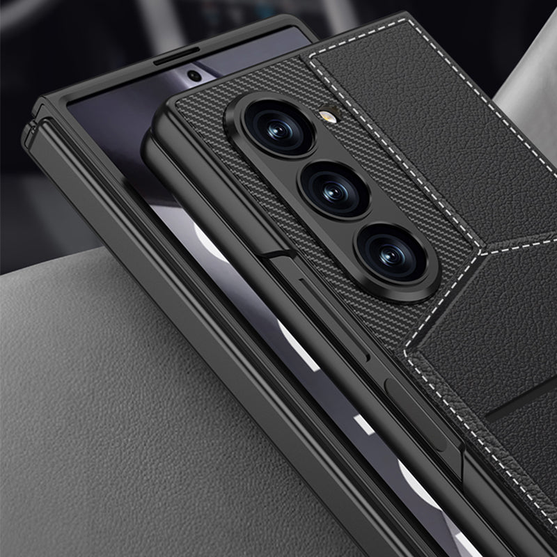 GKK For Samsung Galaxy Z Fold6 5G Phone Case PC+PU Cover with Card Holder Kickstand, Screen Film - Black