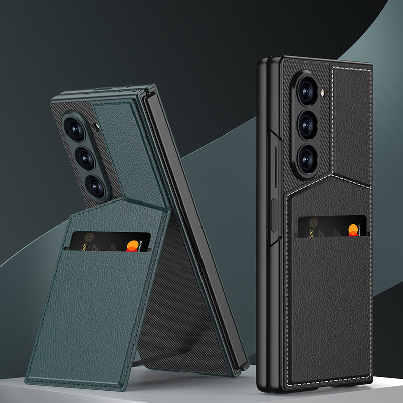 GKK For Samsung Galaxy Z Fold6 5G Phone Case PC+PU Cover with Card Holder Kickstand, Screen Film - Black