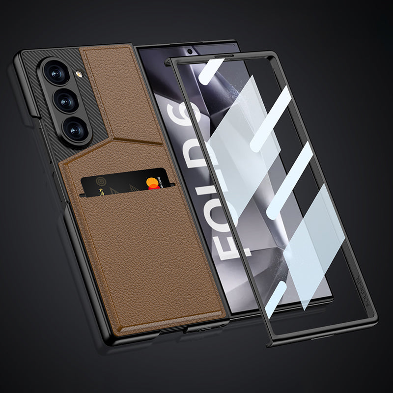 GKK For Samsung Galaxy Z Fold6 5G Phone Case PC+PU Cover with Card Holder Kickstand, Screen Film - Carbon Fiber Pattern