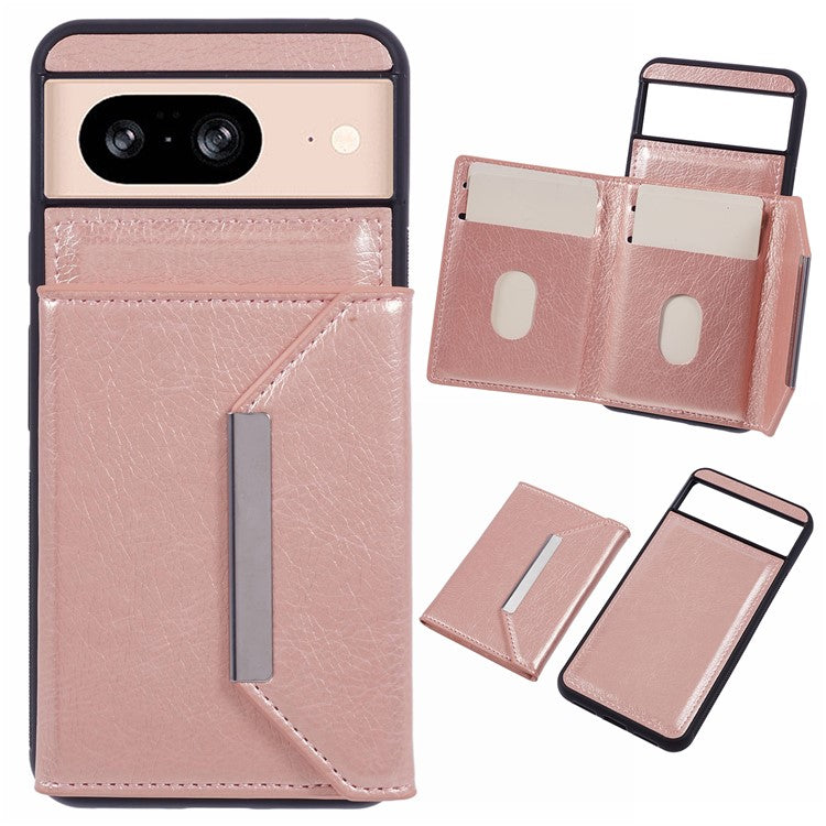 For Google Pixel 8 Case Leather Phone Back Cover with Card Slot Kickstand - Rose Gold
