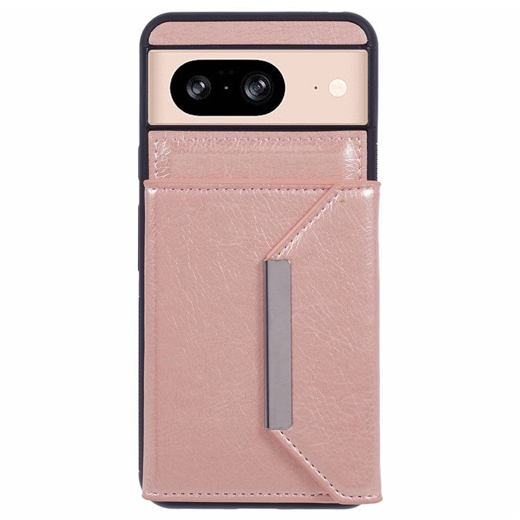 For Google Pixel 8 Case Leather Phone Back Cover with Card Slot Kickstand - Rose Gold