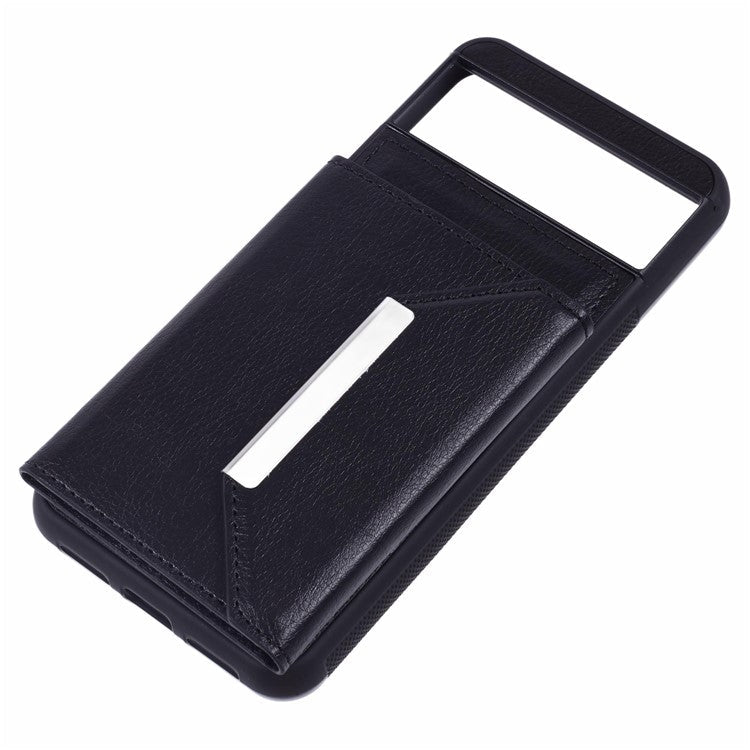 For Google Pixel 8 Case Leather Phone Back Cover with Card Slot Kickstand - Black