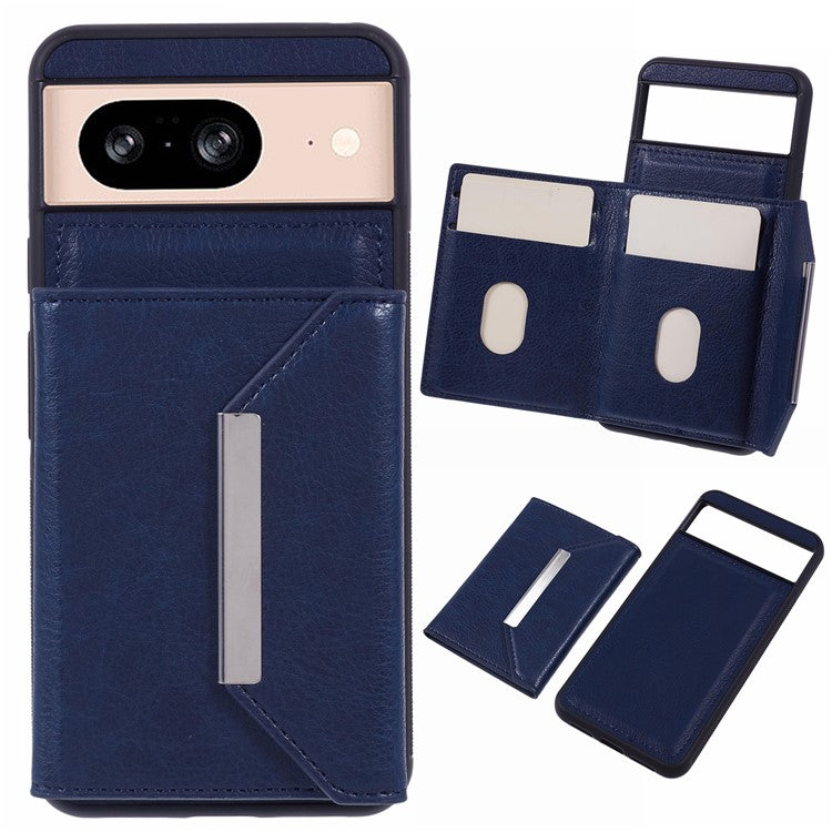 For Google Pixel 8 Case Leather Phone Back Cover with Card Slot Kickstand - Sapphire