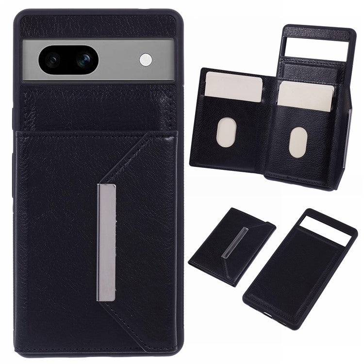 For Google Pixel 7a Case Card Bag Kickstand TPU+PU Phone Cover - Black