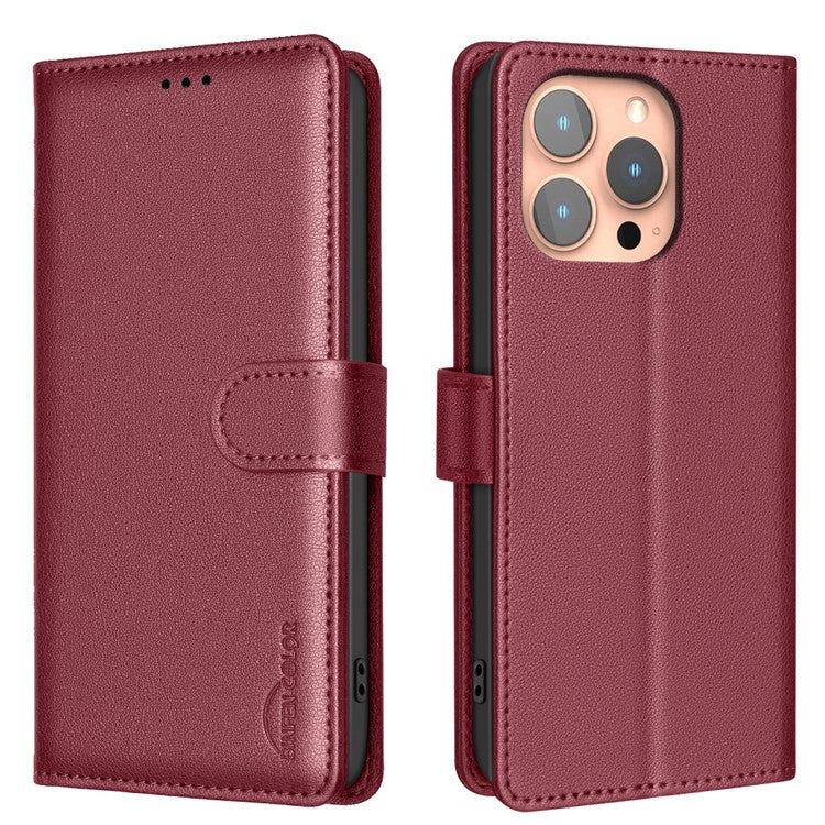 BINFEN COLOR BF32 For iPhone 16 Pro Case Full Protection RFID Blocking Leather Stand Phone Cover - Red