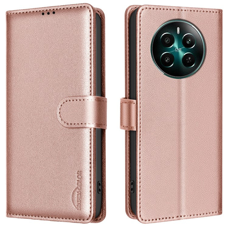 BINFEN COLOR BF32 For Realme 12 4G / 12+ 5G Cell Phone Case Litchi Texture RFID Blocking Leather Phone Cover - Rose Gold