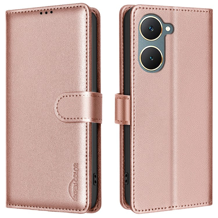 BINFEN COLOR BF32 For vivo Y03 Phone Case Litchi Texture RFID Blocking Leather Phone Cover - Rose Gold