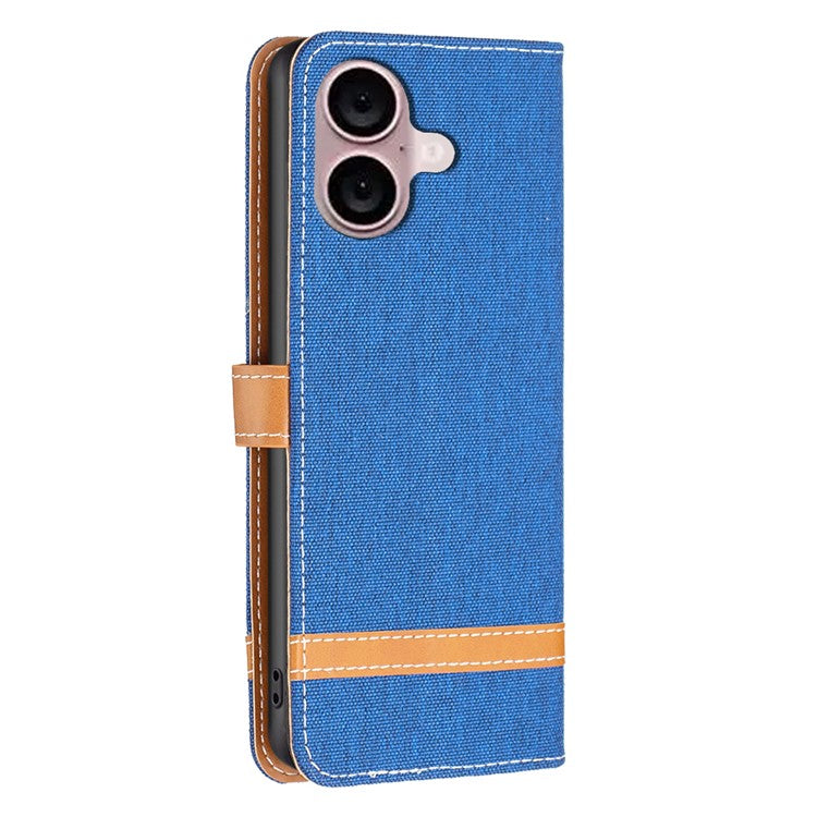 For iPhone 16 Plus Cell Phone Case Jeans Cloth Texture Leather Wallet Protective Cover - Sapphire