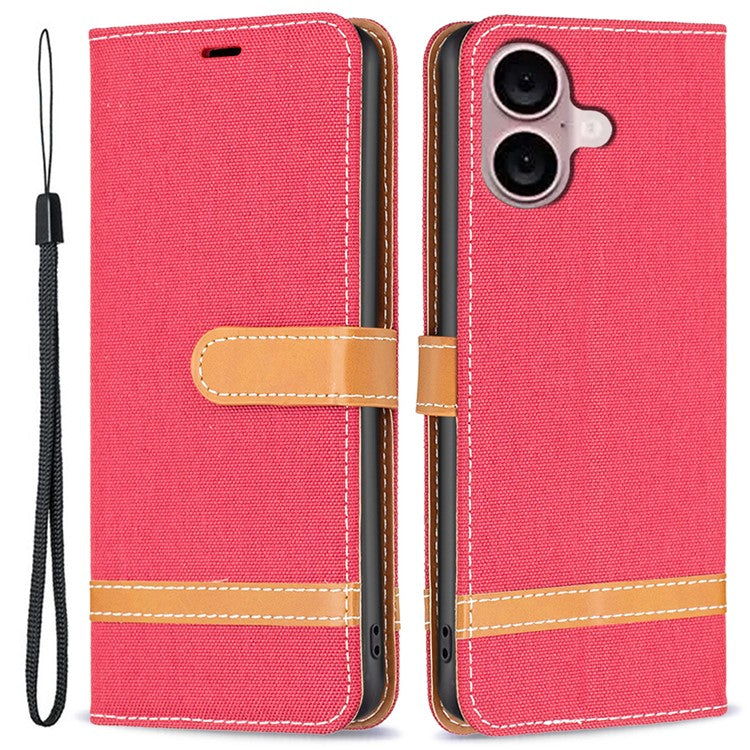 For iPhone 16 Plus Cell Phone Case Jeans Cloth Texture Leather Wallet Protective Cover - Red