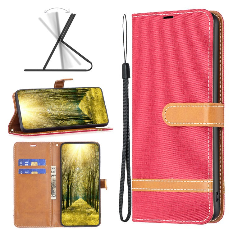 For iPhone 16 Plus Cell Phone Case Jeans Cloth Texture Leather Wallet Protective Cover - Red