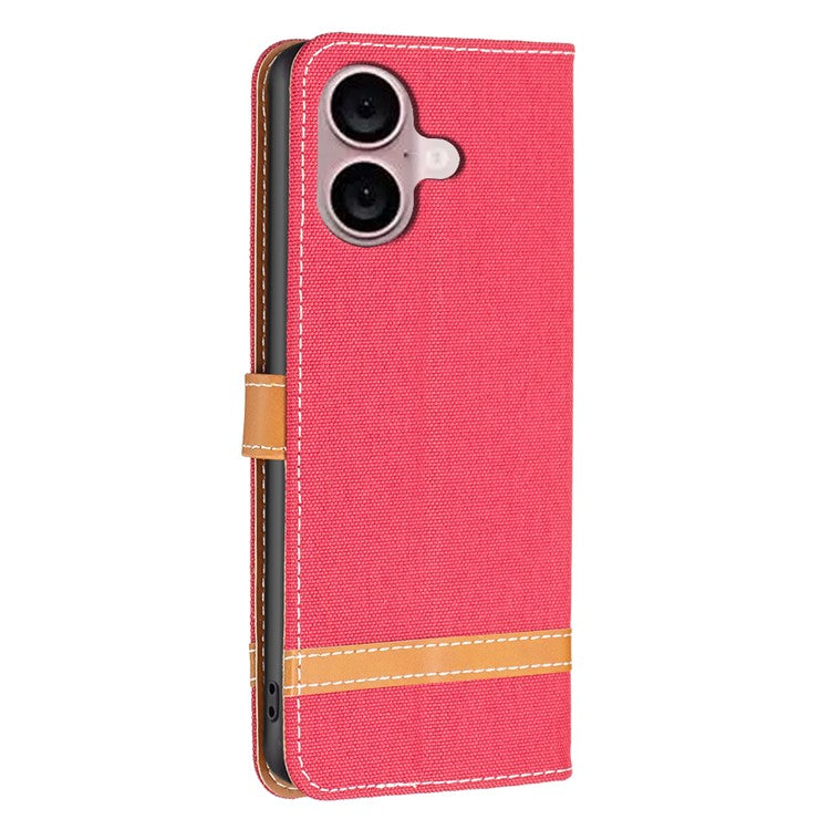 For iPhone 16 Plus Cell Phone Case Jeans Cloth Texture Leather Wallet Protective Cover - Red